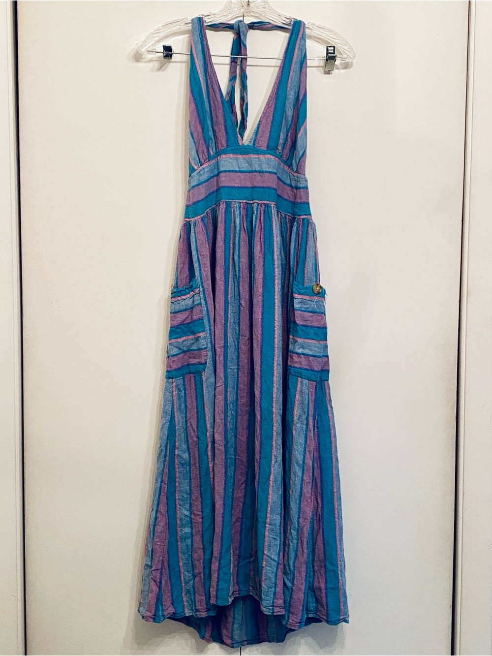 UO Betsey Linen Halter Midi Dress - Blue Motif